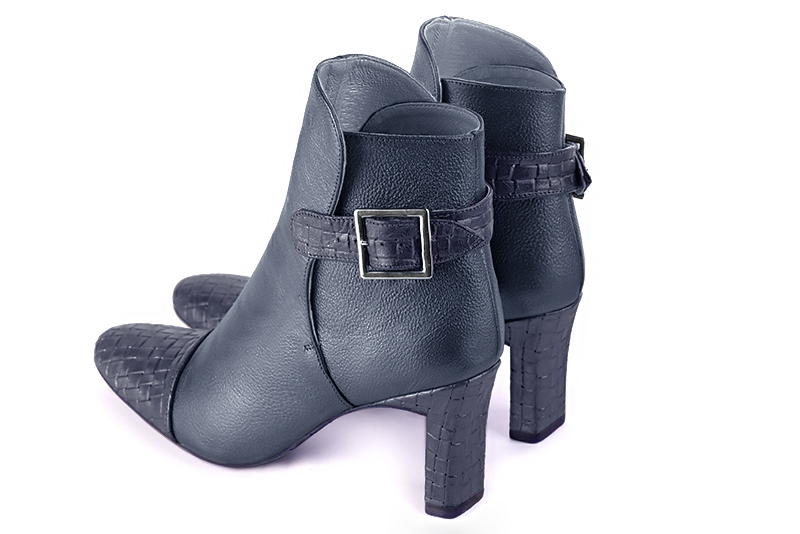 Navy blue women's ankle boots with buckles at the back. Round toe. High comma heels. Rear view - Florence KOOIJMAN